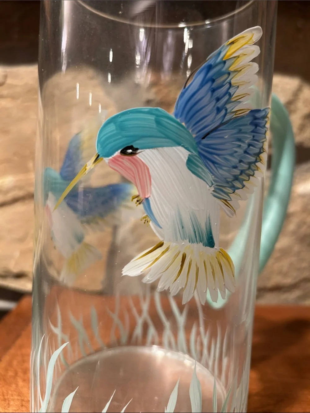 Hand-Painted Glass Pitcher with Colorful Hummingbirds
